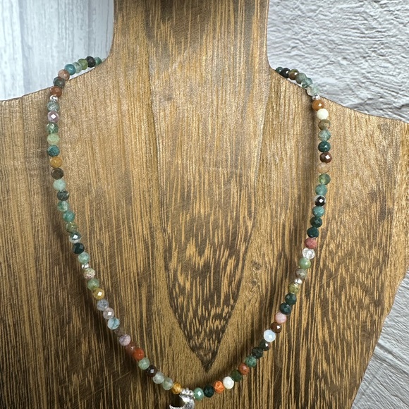Indian Agate Beaded Necklace with Sterling Silver Crescent Moon Charm - Picture 8 of 9